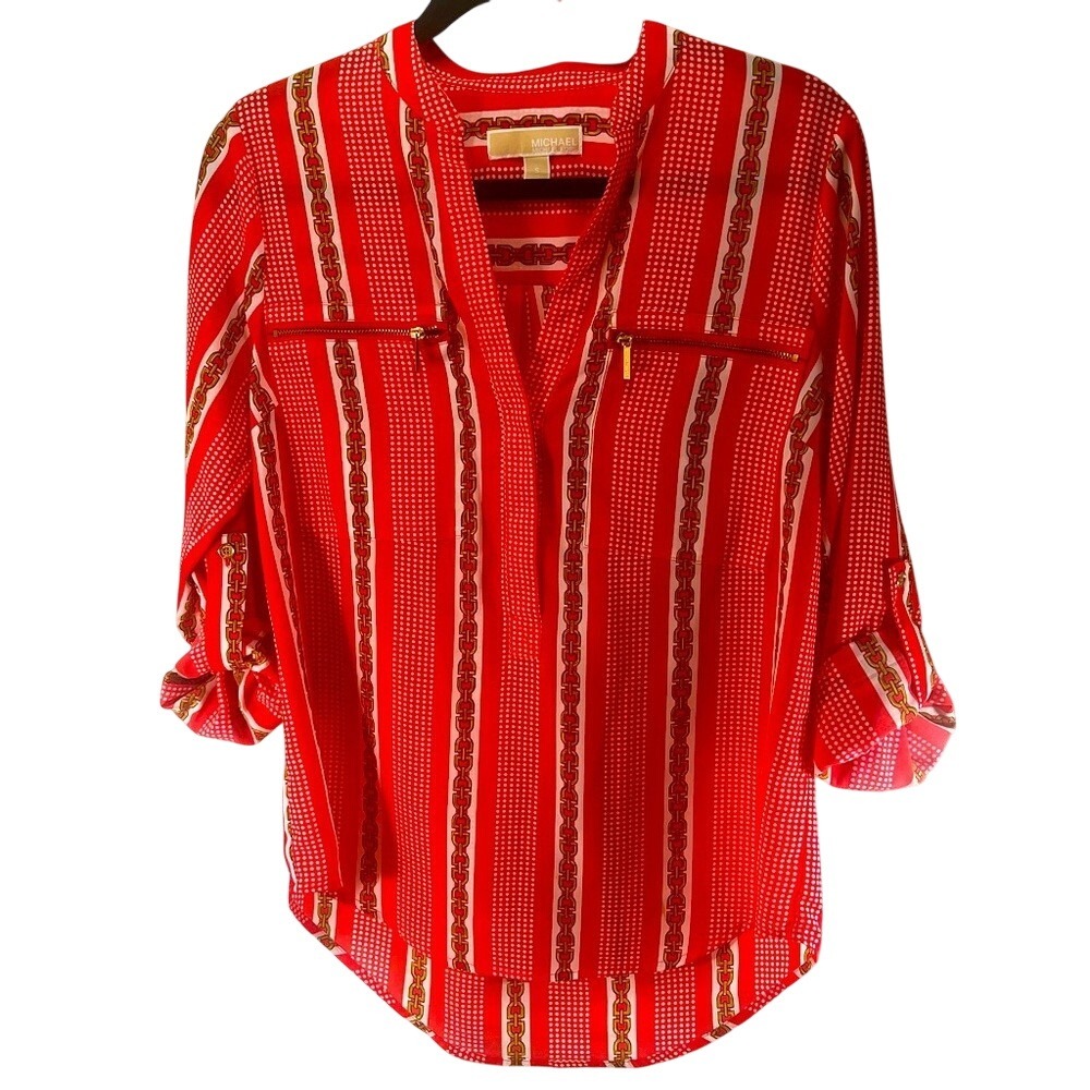 Michael Michael Kors Red White Chain Stripe Roll Tab Sleeve‎ Blouse Small